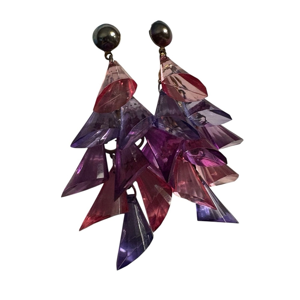 Pink Purple Statement Dangle Earrings Vintage Drop Cha Cha Chunky Translucent - Picture 4 of 15
